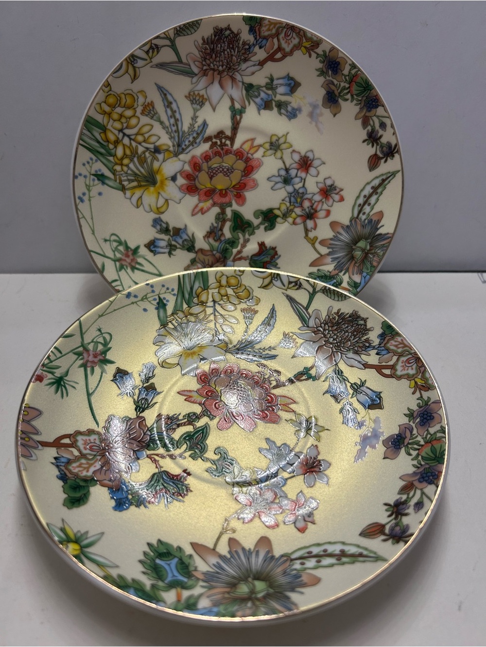 Floral Porcelain Plates by Park Chateau Gold Rim Multicolor Set of 2 Textured 6”